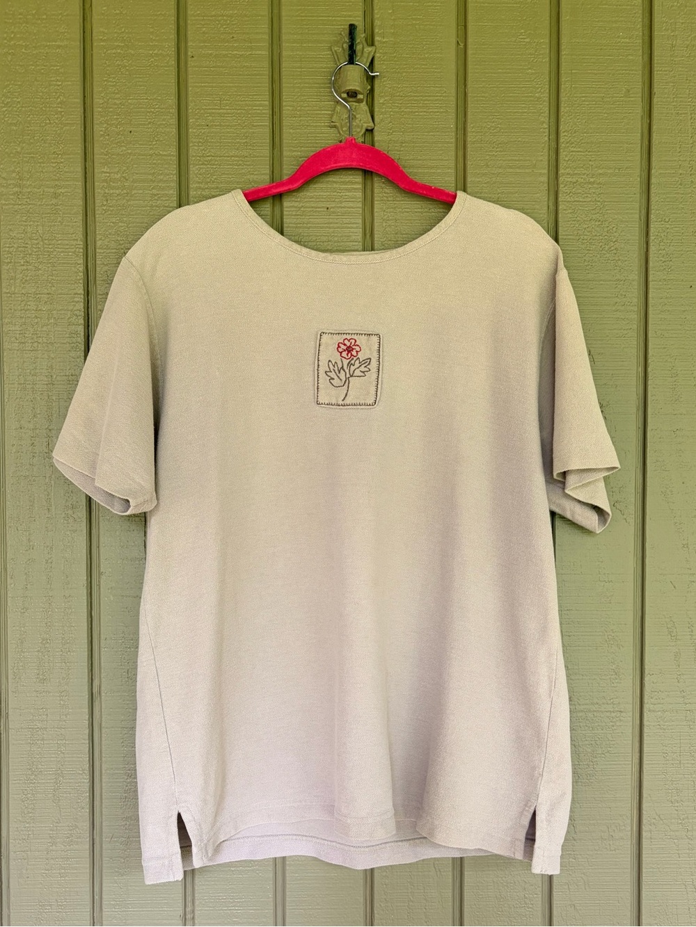 Vtg 1999 Bobbie Brooks Embroidered Floral Patch T-Shirt L Khaki 90s Y2K EUC